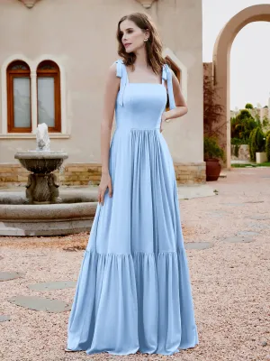 A-Line Bow Ruffle Sleeveless Chiffon Dress Sky Blue Plus Size