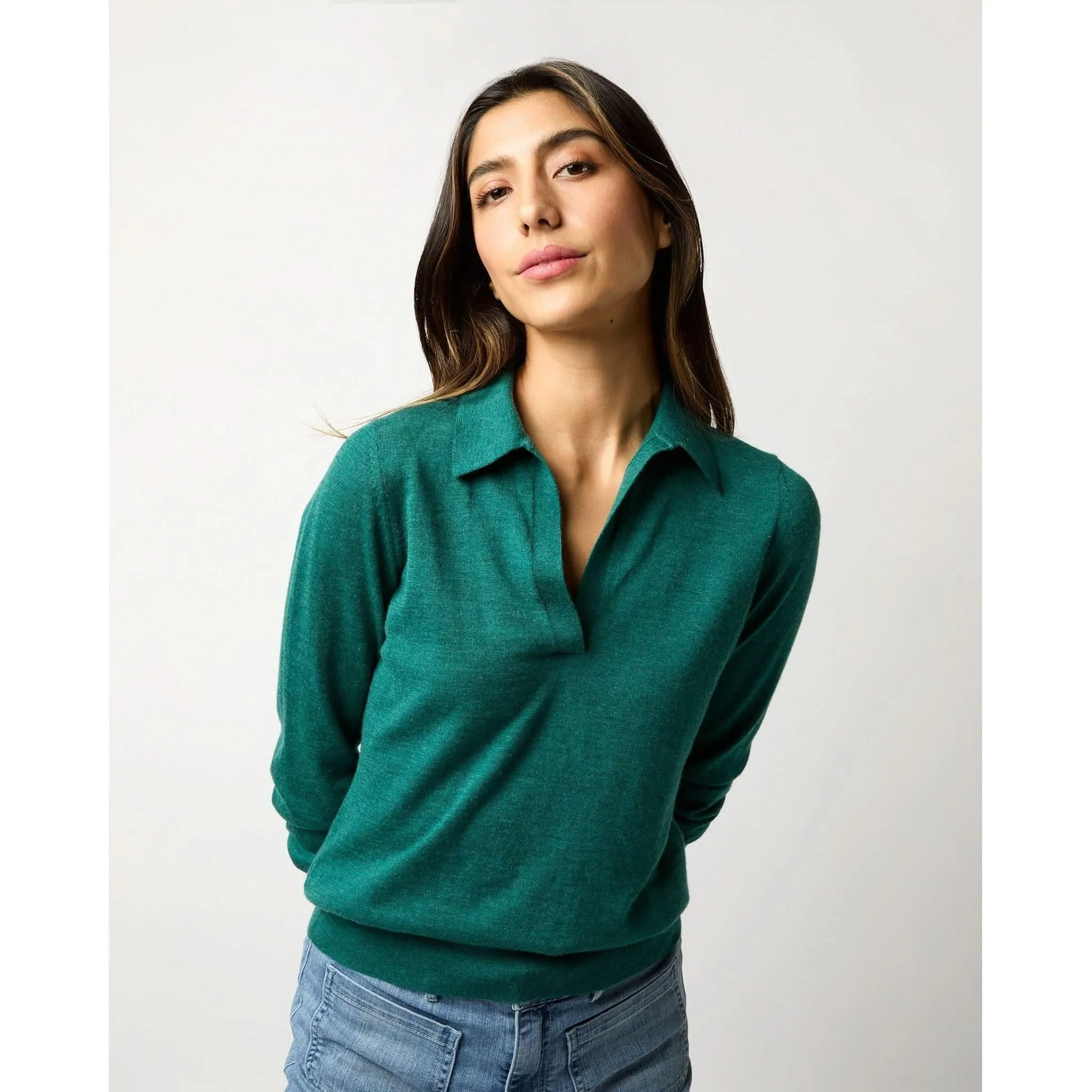 Ann Mashburn Alida Johnny-Collar Sweater HIghland Green Cashmere