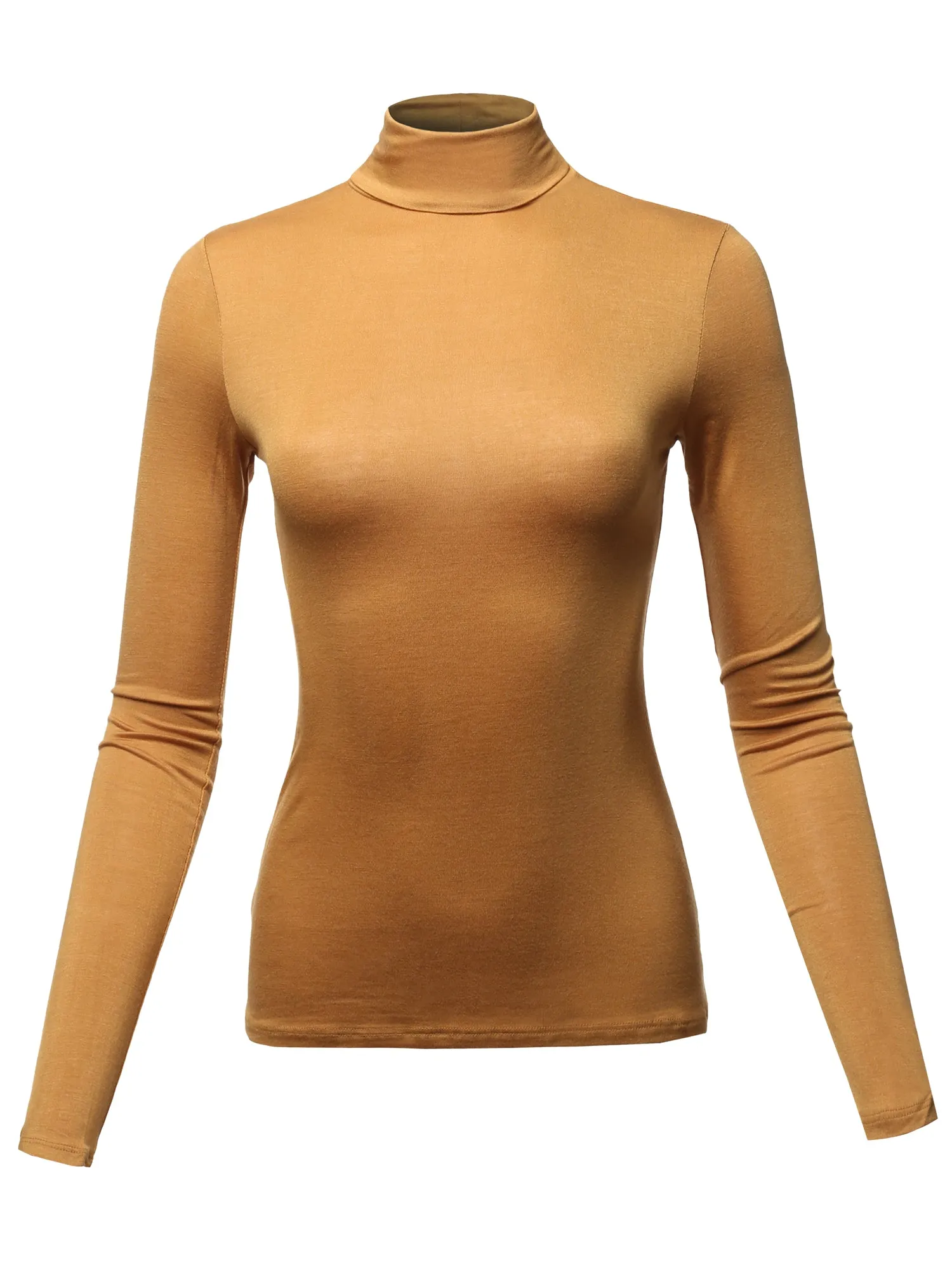 Basic Solid Long Sleeve Turtle Neck Fitted Rayon Top Shirt