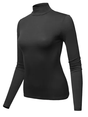 Basic Solid Long Sleeve Turtle Neck Fitted Rayon Top Shirt