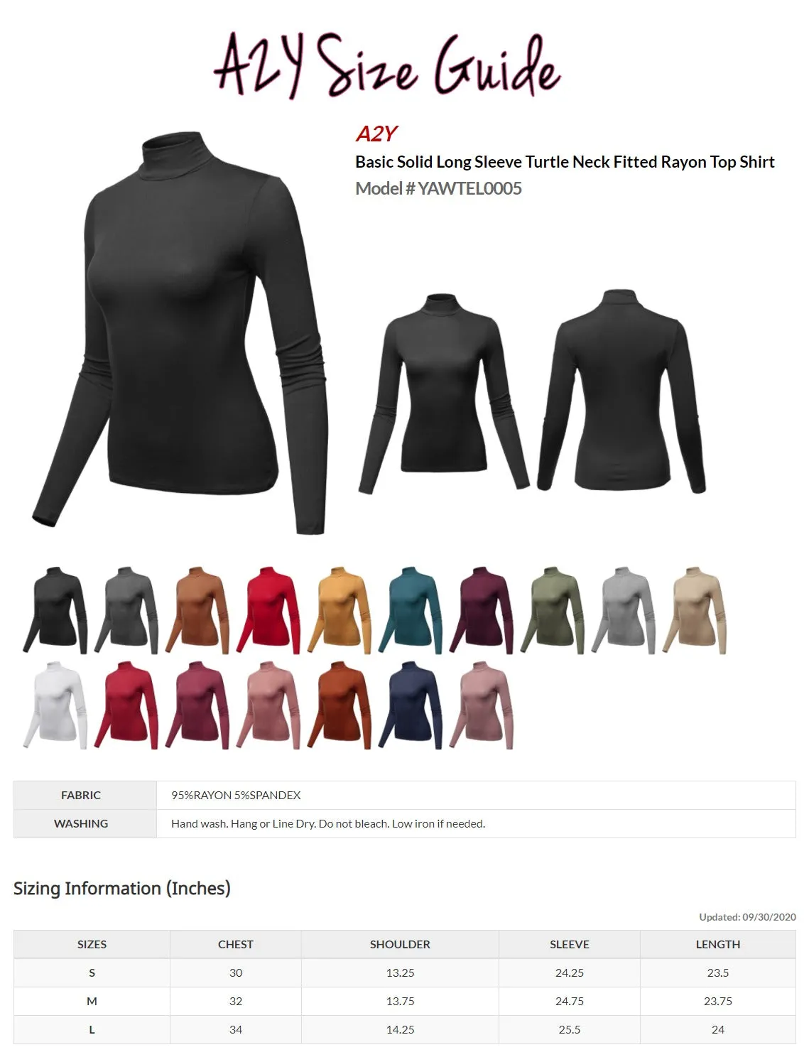 Basic Solid Long Sleeve Turtle Neck Fitted Rayon Top Shirt