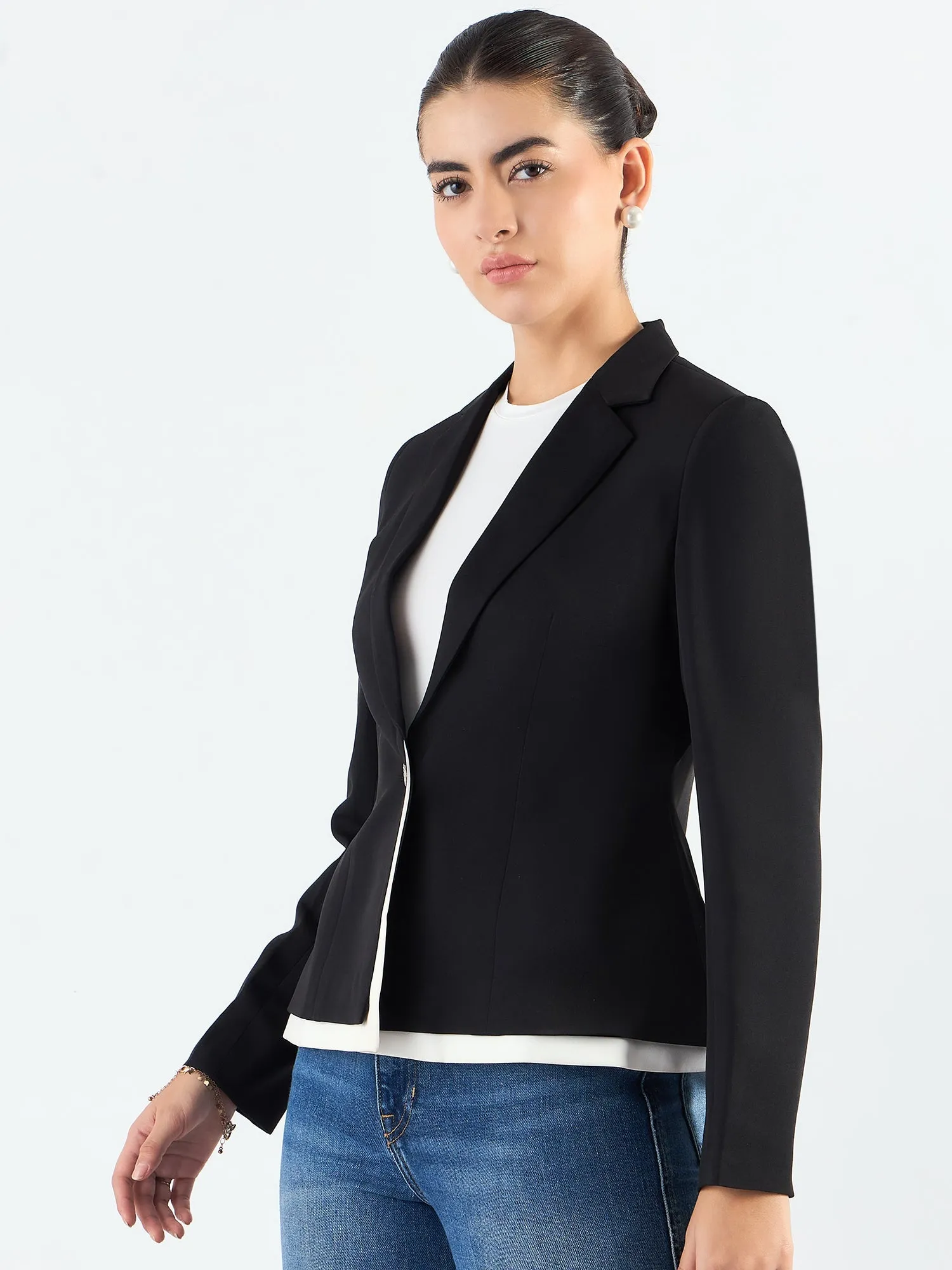 Black & White Poly Viscose Layered Structured Blazer