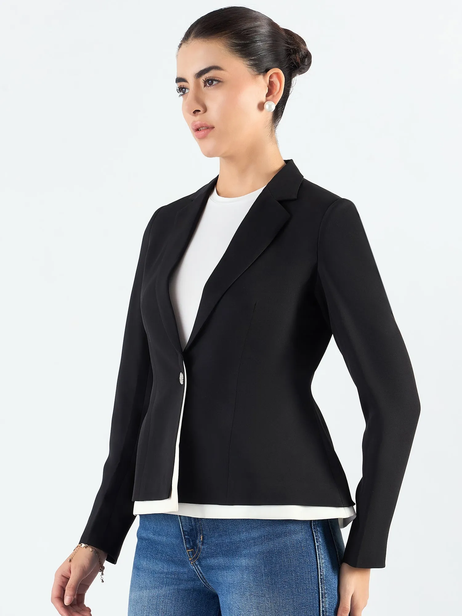 Black & White Poly Viscose Layered Structured Blazer