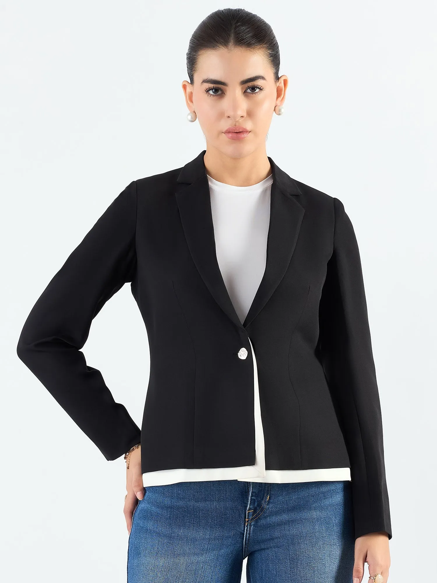 Black & White Poly Viscose Layered Structured Blazer