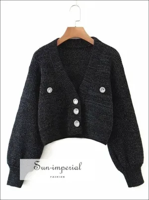 Black Deep V Neck Cropped Knit Cardigan with Long Leatran Sleeve and Glitter Buttons