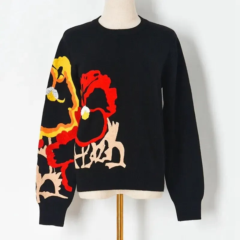 Black Floral Embroidery Sweater