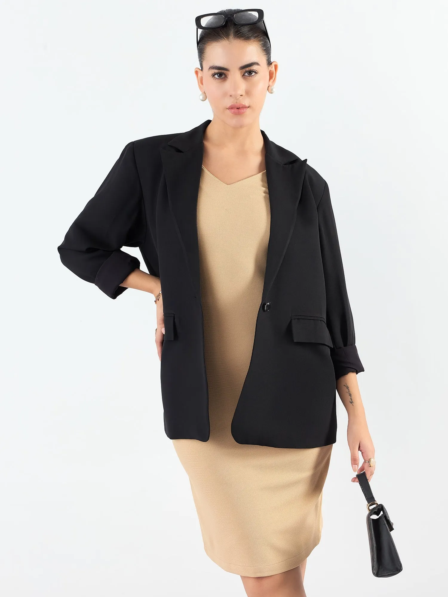 Black Poly Viscose Notched Lapel Oversized Fit Blazer