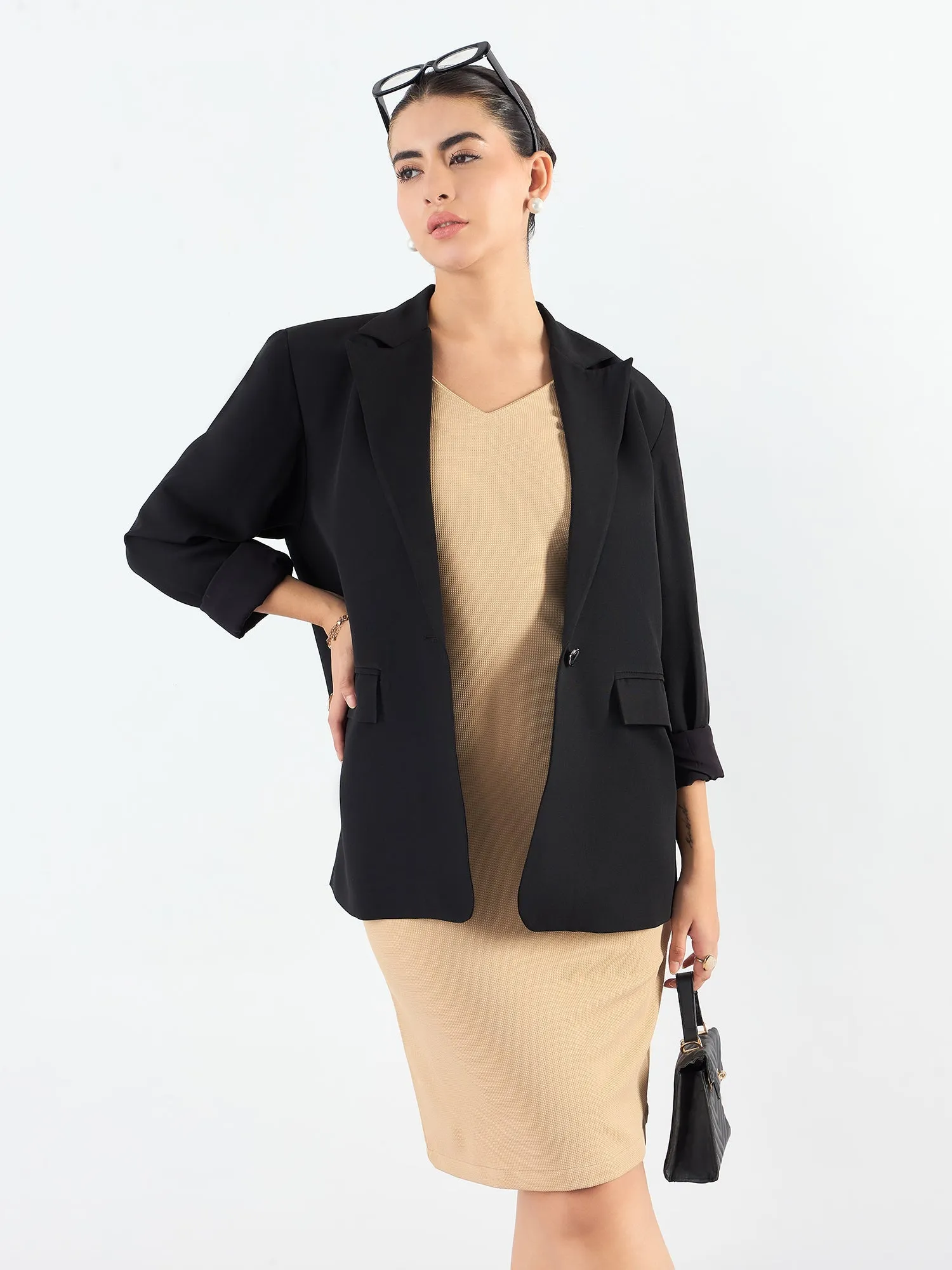 Black Poly Viscose Notched Lapel Oversized Fit Blazer