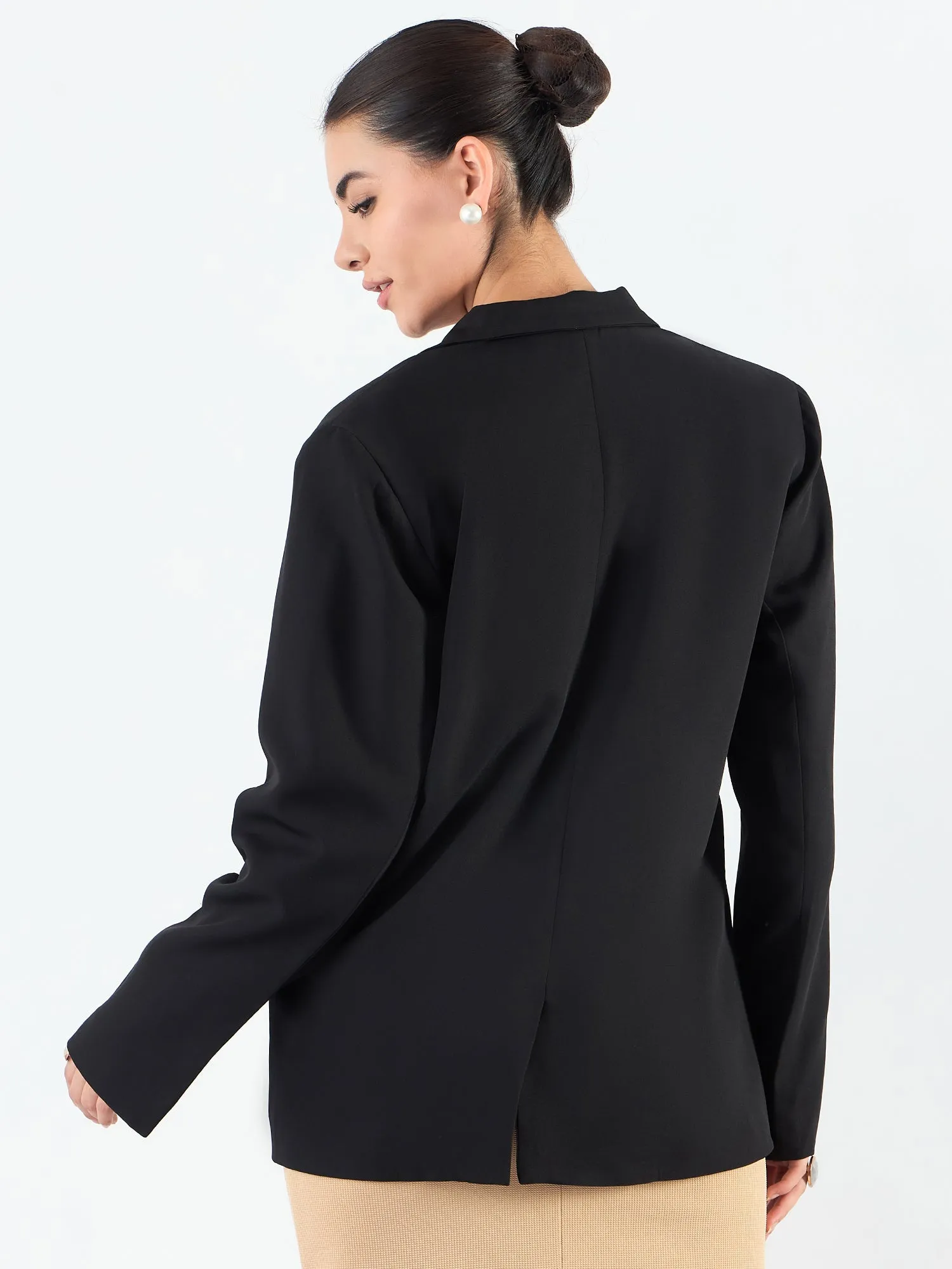 Black Poly Viscose Notched Lapel Oversized Fit Blazer