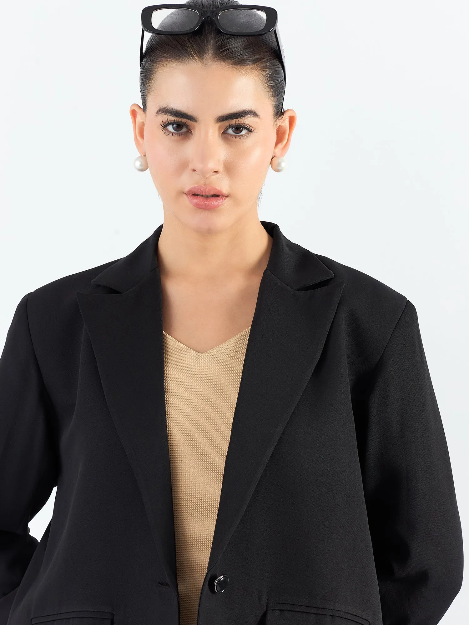 Black Poly Viscose Notched Lapel Oversized Fit Blazer