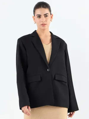 Black Poly Viscose Notched Lapel Oversized Fit Blazer