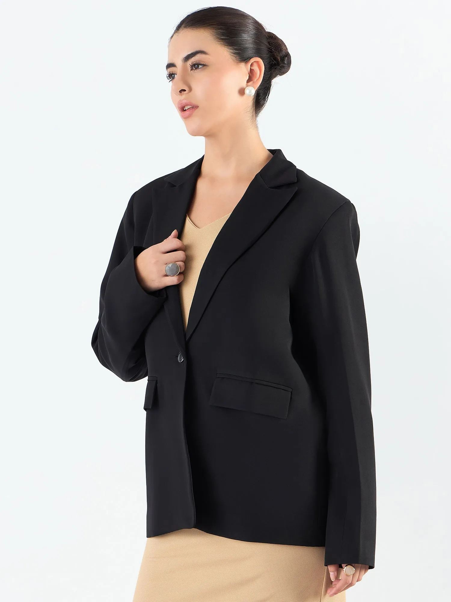 Black Poly Viscose Notched Lapel Oversized Fit Blazer