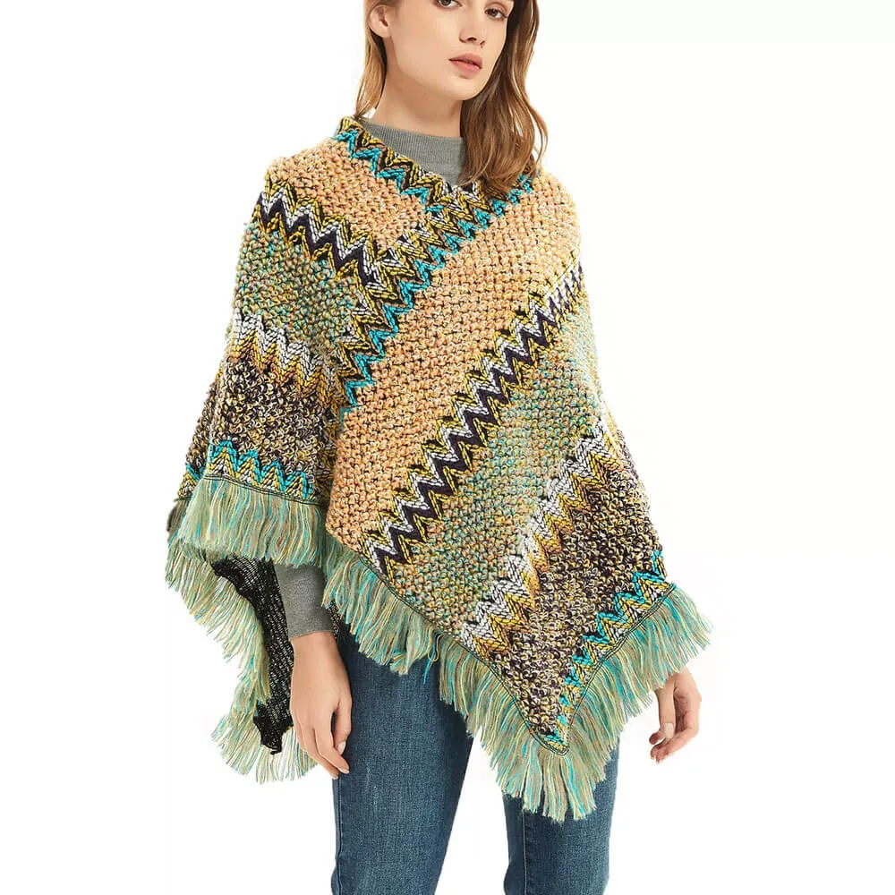 Boho Fringe Chevron Striped Pattern Pullover Poncho Sweater