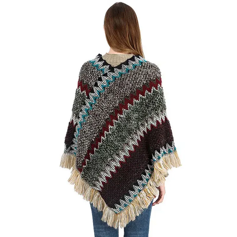 Boho Fringe Chevron Striped Pattern Pullover Poncho Sweater