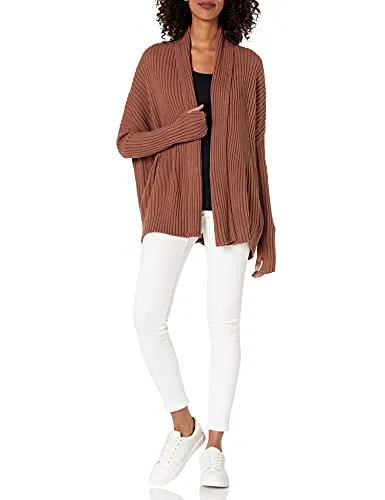 Cable Stitch Women's Long-Sleeve Rib-Knit Cardigan with Thumbhole - Open Front Oversized Loose Sweater Coat (X-Small, Caramel)