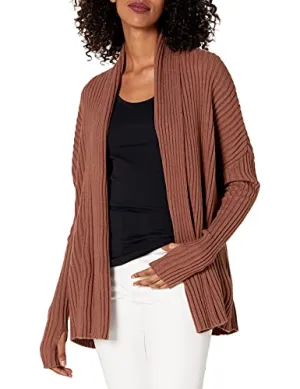 Cable Stitch Women's Long-Sleeve Rib-Knit Cardigan with Thumbhole - Open Front Oversized Loose Sweater Coat (X-Small, Caramel)