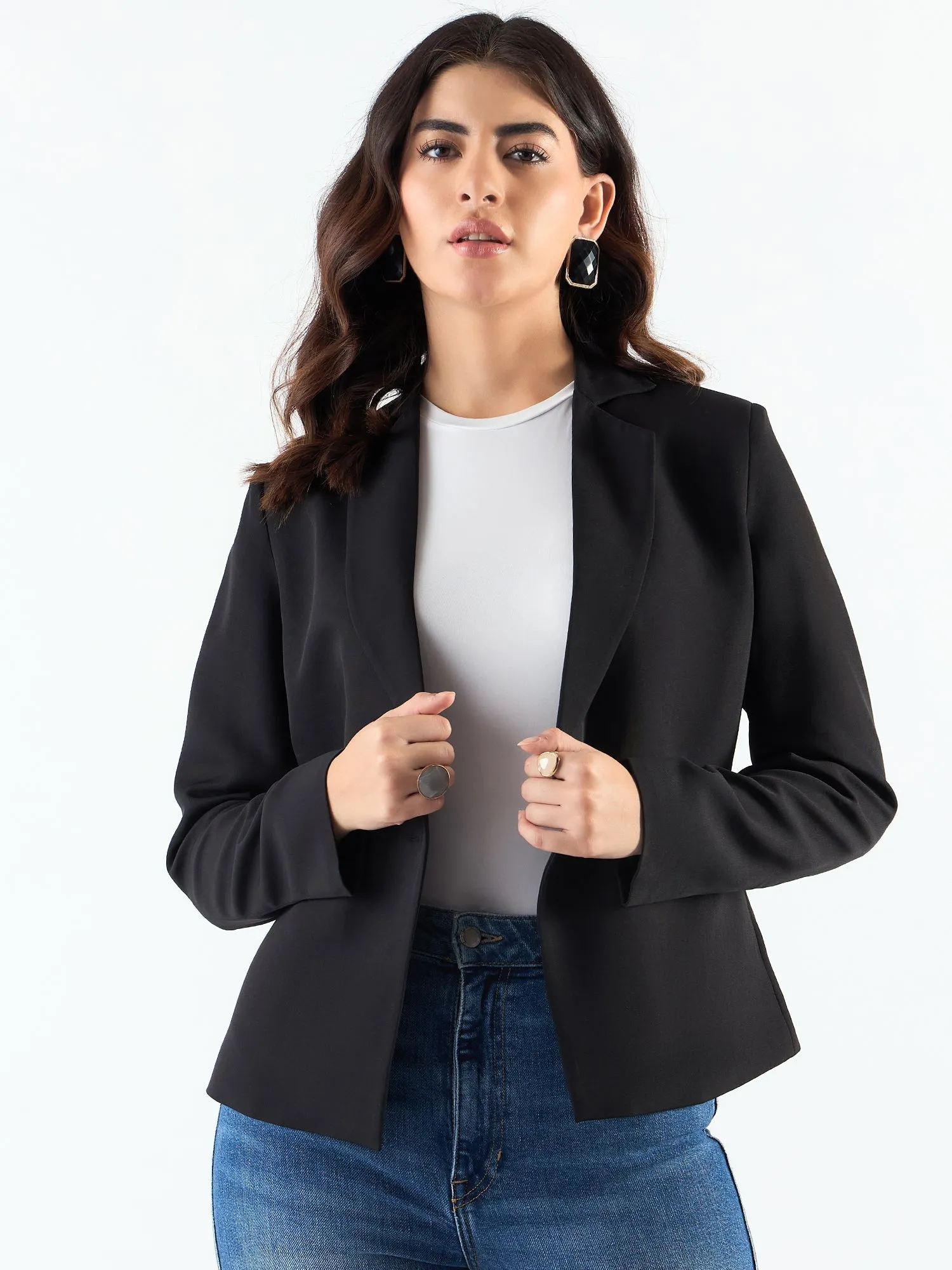 Chic Black Poly Viscose Asymmetric Blazer