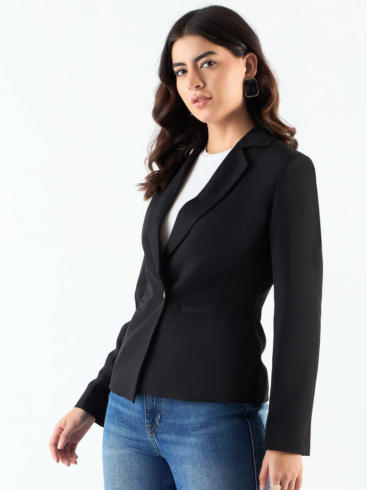 Chic Black Poly Viscose Asymmetric Blazer