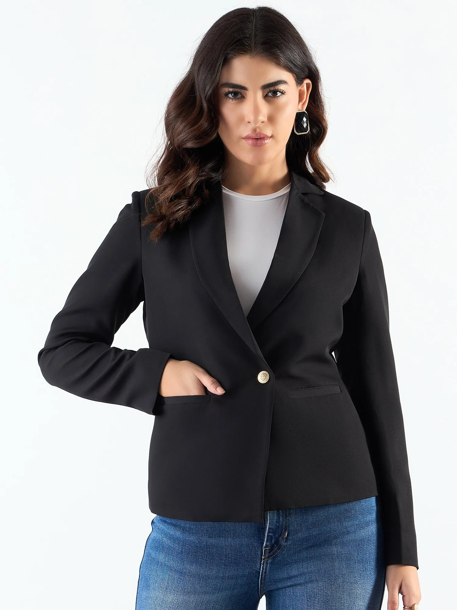 Chic Black Poly Viscose Asymmetric Blazer