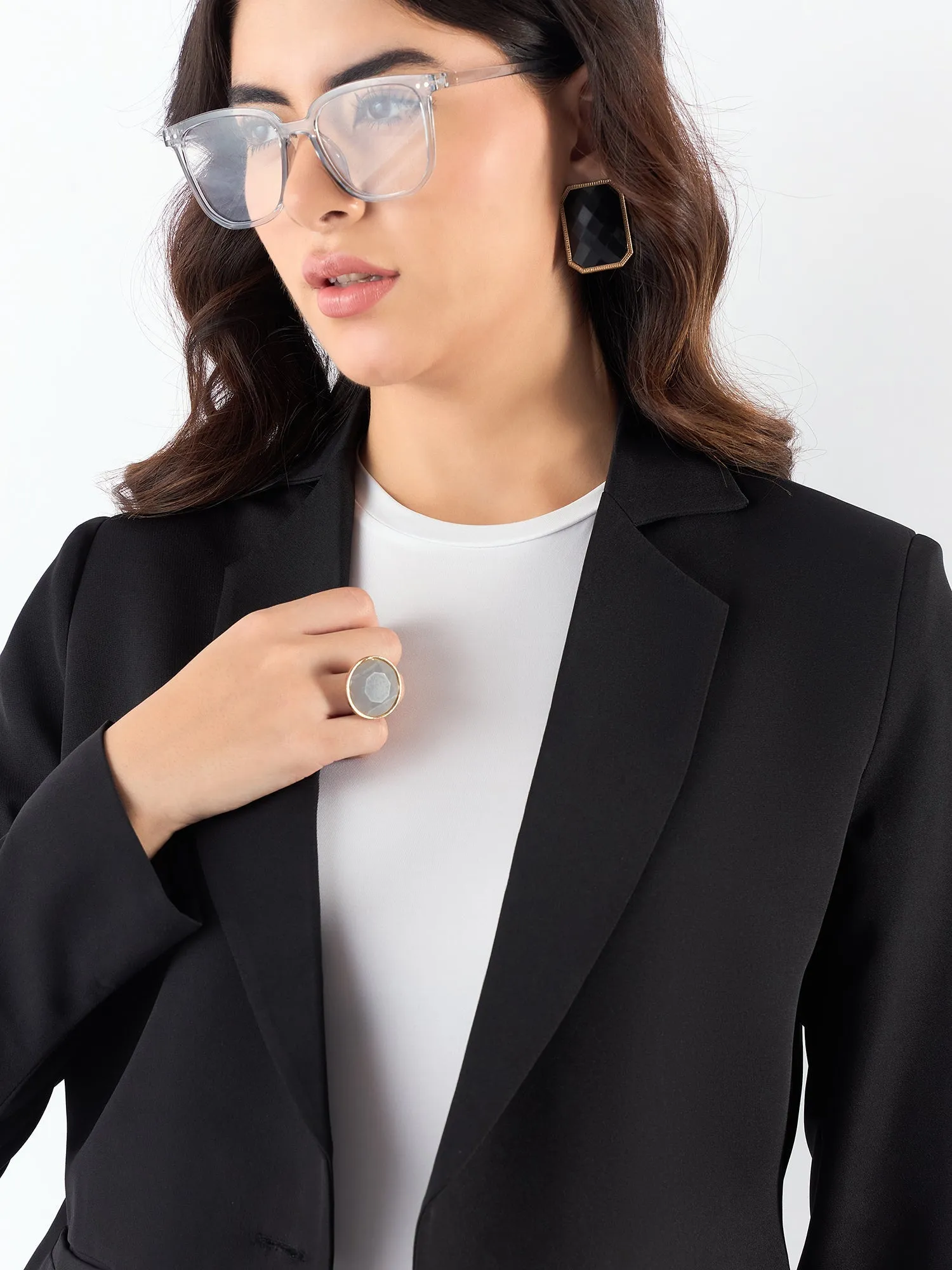 Chic Black Poly Viscose Asymmetric Blazer