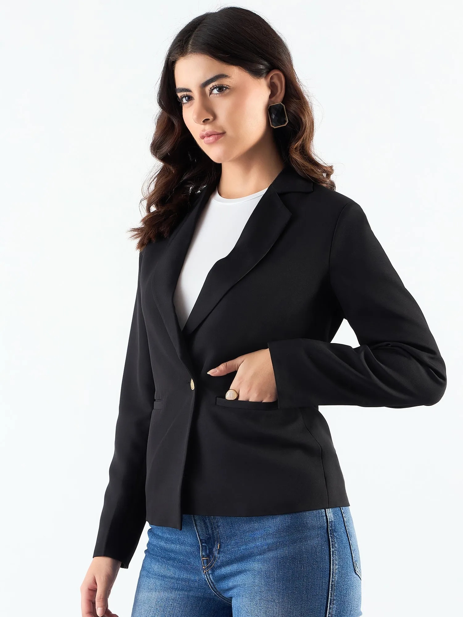 Chic Black Poly Viscose Asymmetric Blazer