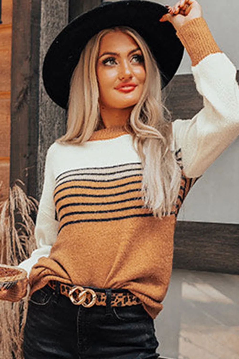 Colorblock Striped Crew Neck Sweater