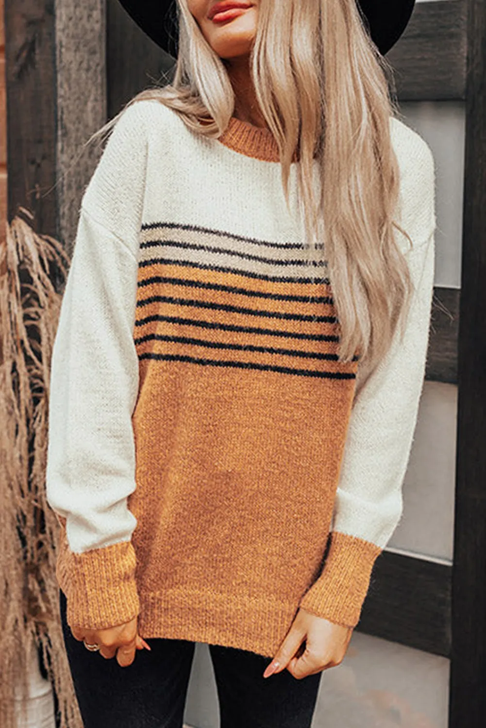 Colorblock Striped Crew Neck Sweater