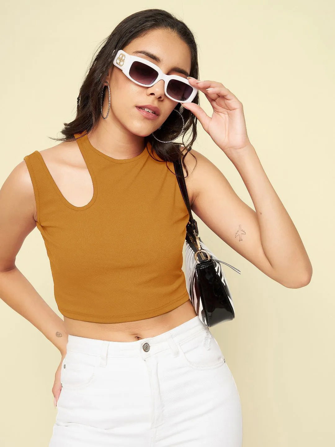 Cotton Stretchable Shoulder Cutout Crop Top