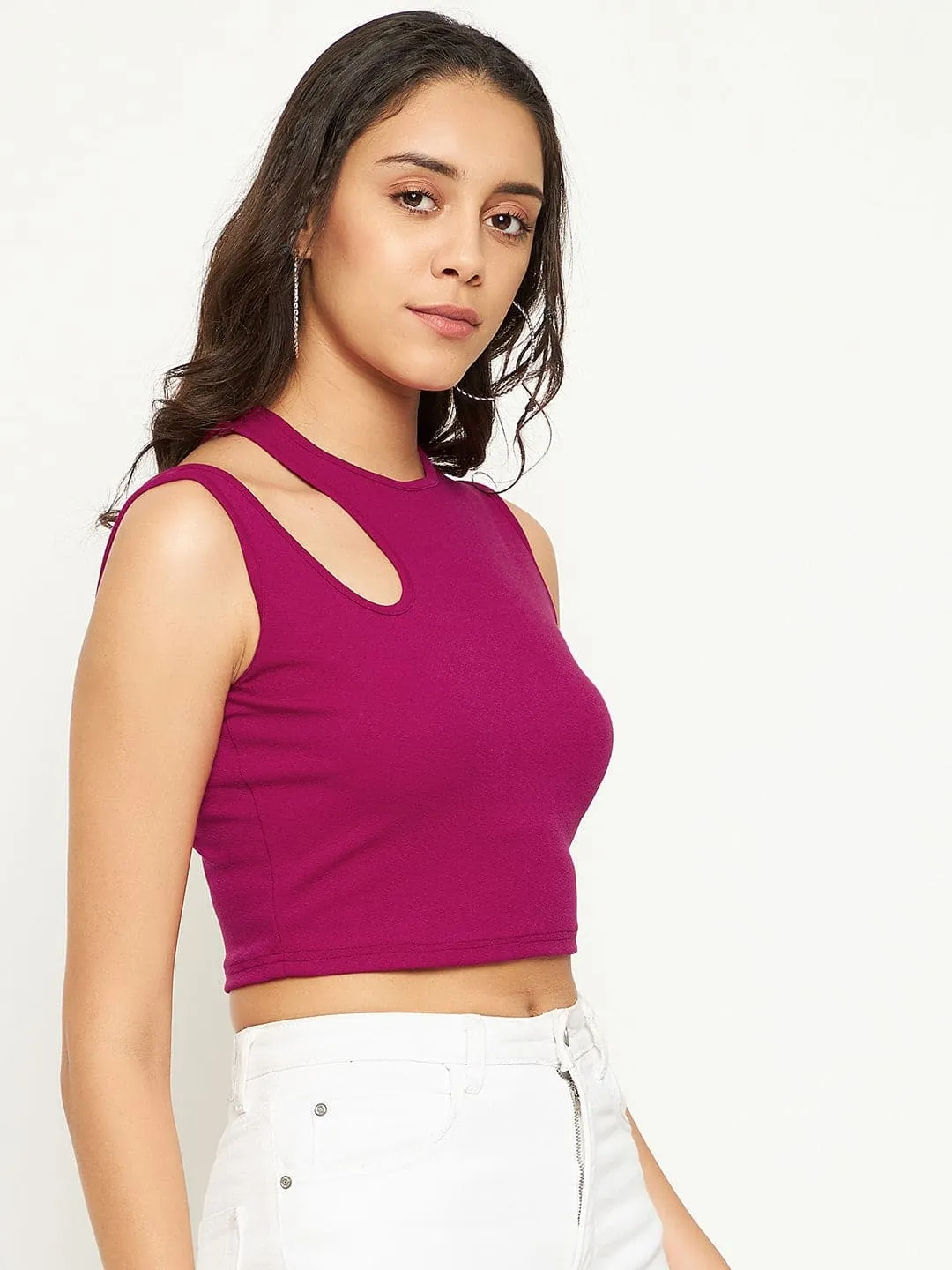 Cotton Stretchable Shoulder Cutout Crop Top