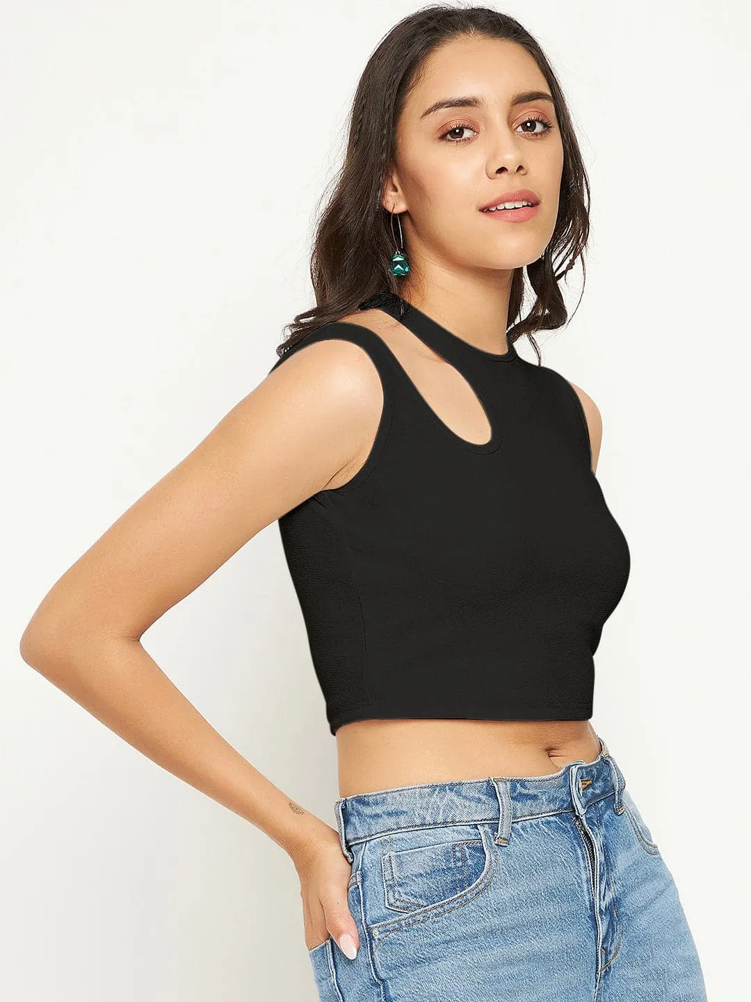 Cotton Stretchable Shoulder Cutout Crop Top