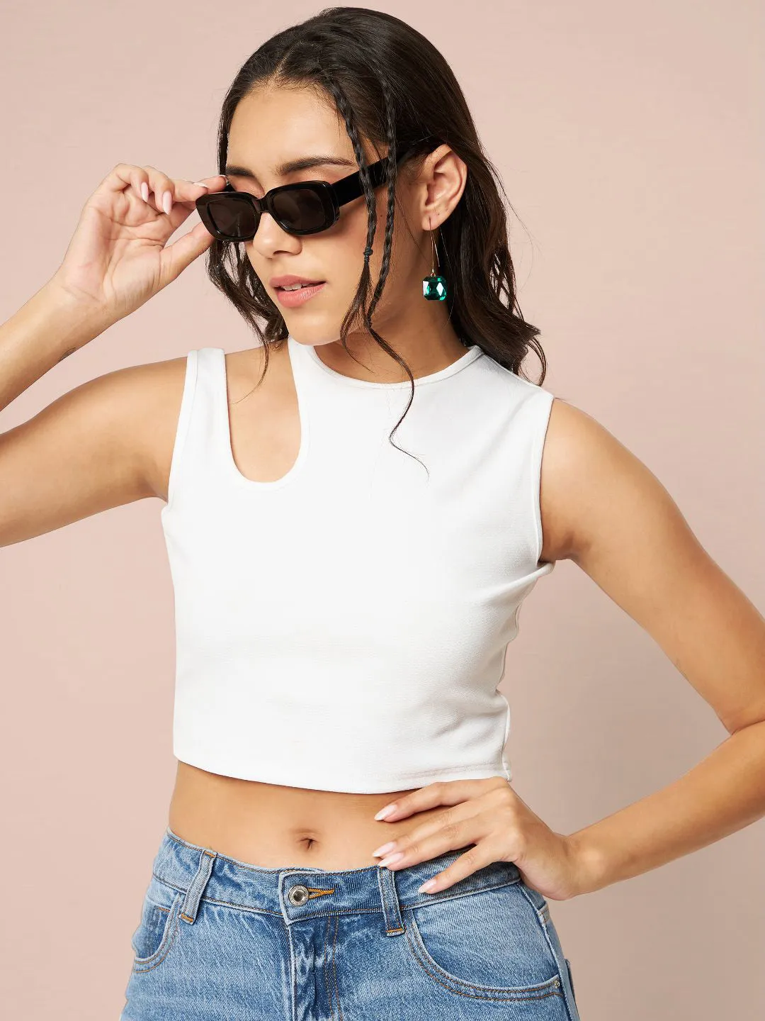 Cotton Stretchable Shoulder Cutout Crop Top