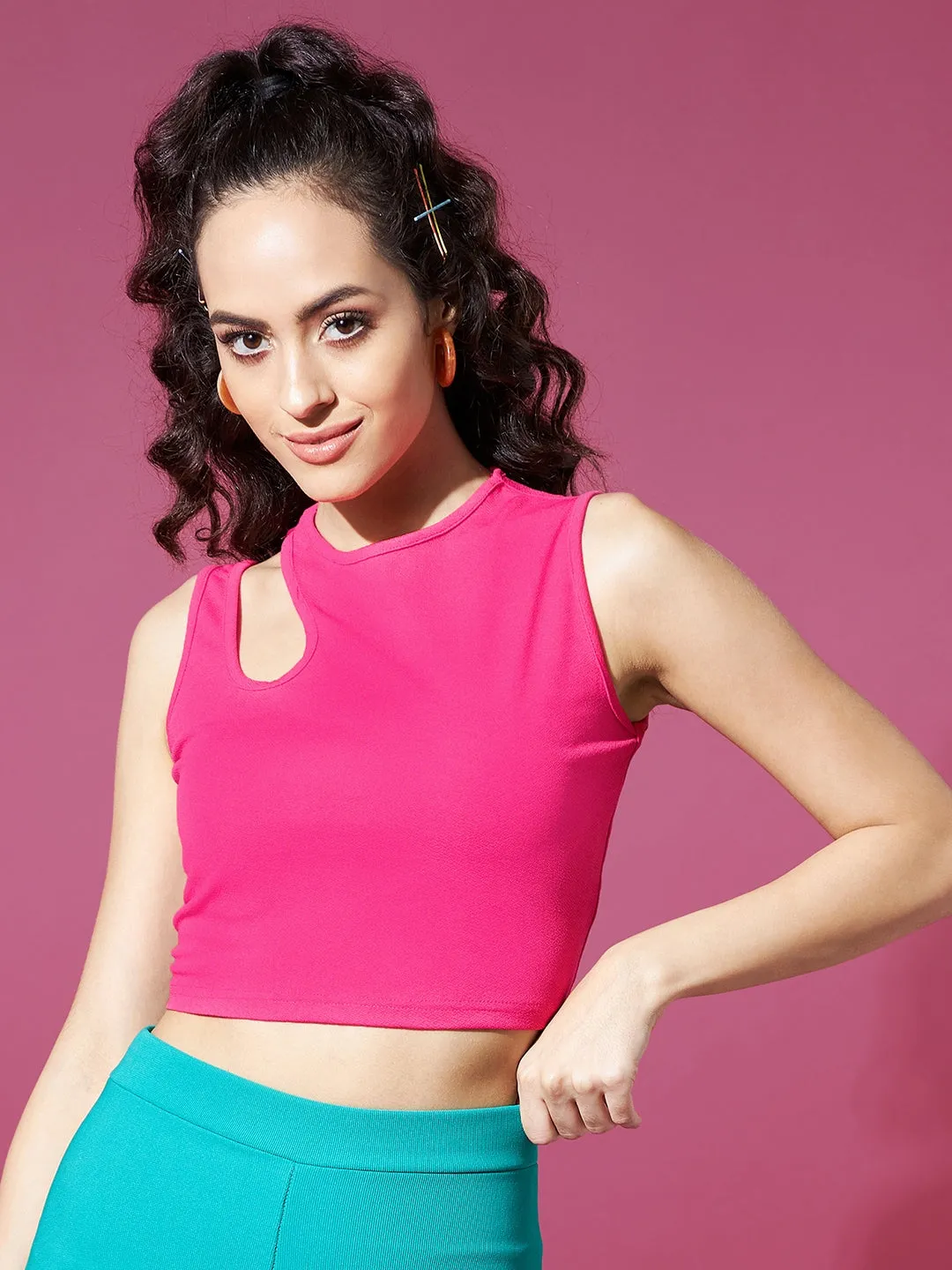 Cotton Stretchable Shoulder Cutout Crop Top