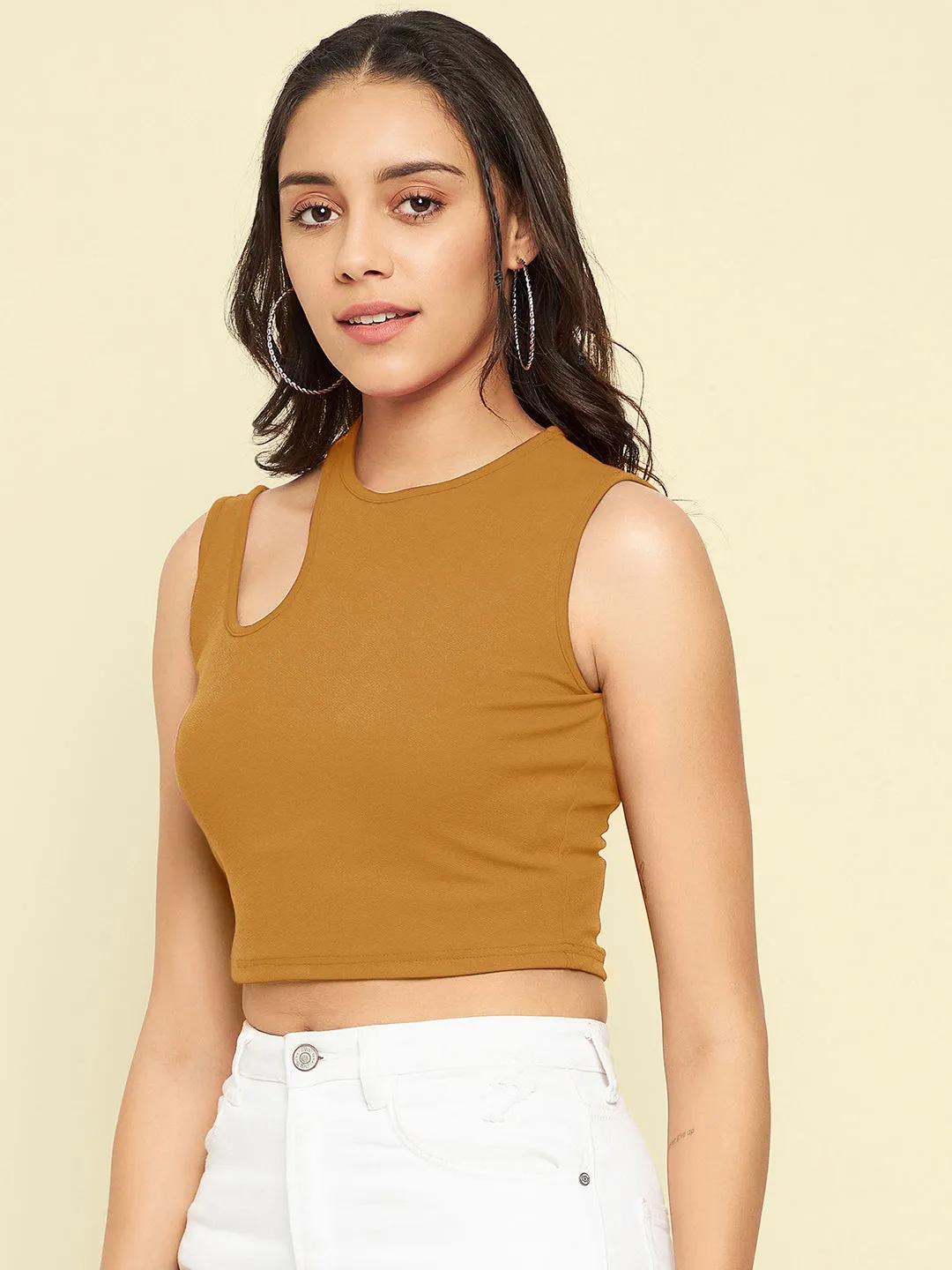 Cotton Stretchable Shoulder Cutout Crop Top