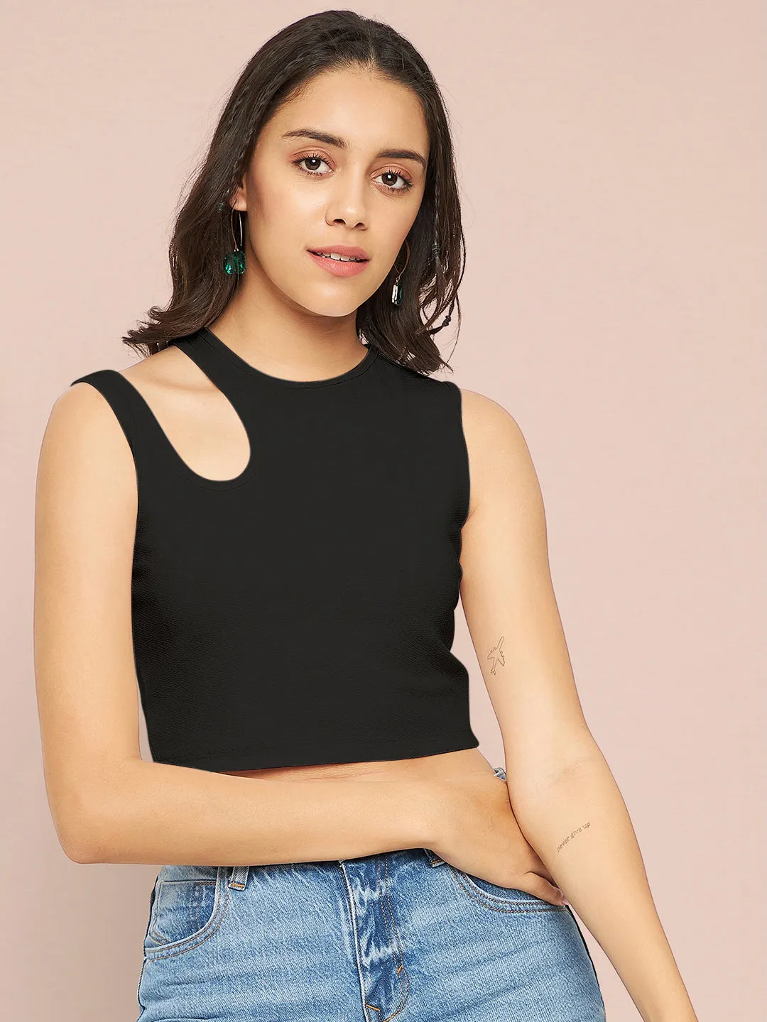 Cotton Stretchable Shoulder Cutout Crop Top