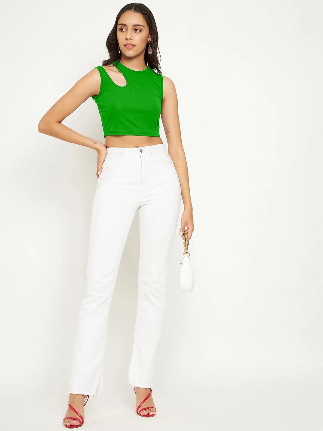 Cotton Stretchable Shoulder Cutout Crop Top