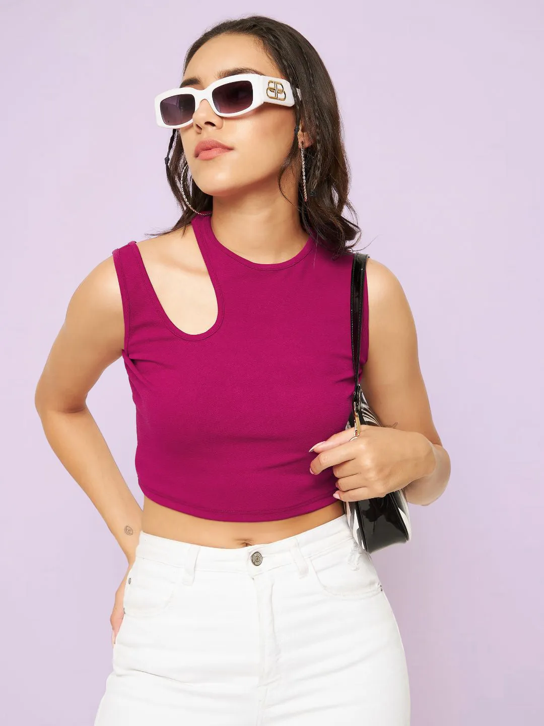 Cotton Stretchable Shoulder Cutout Crop Top