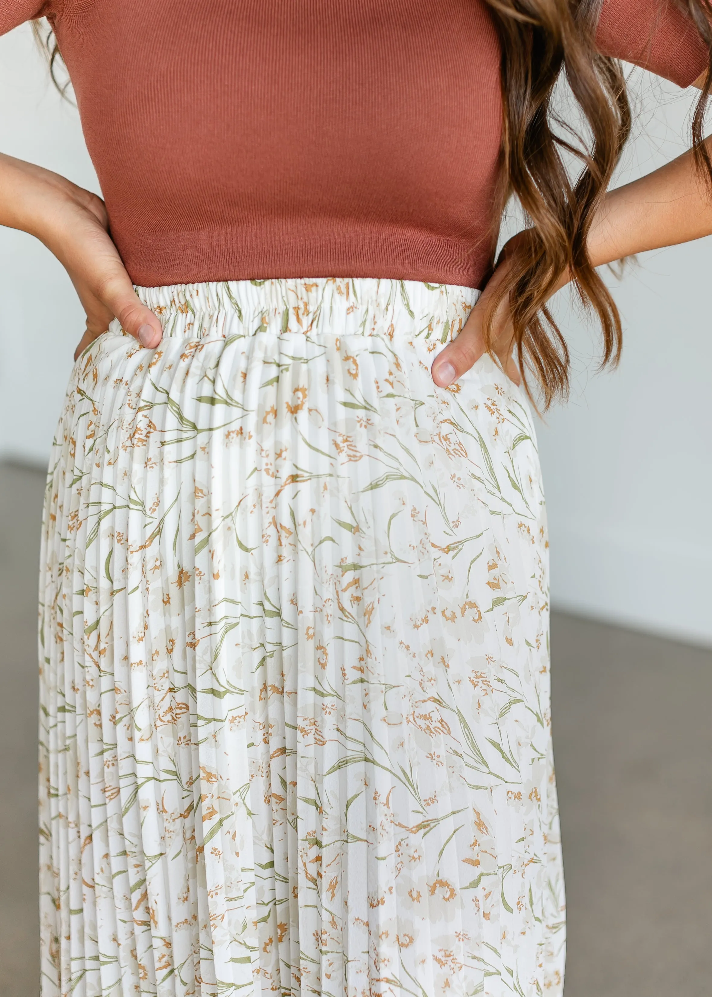 Cream Floral Pleated Maxi Skirt - FINAL SALE