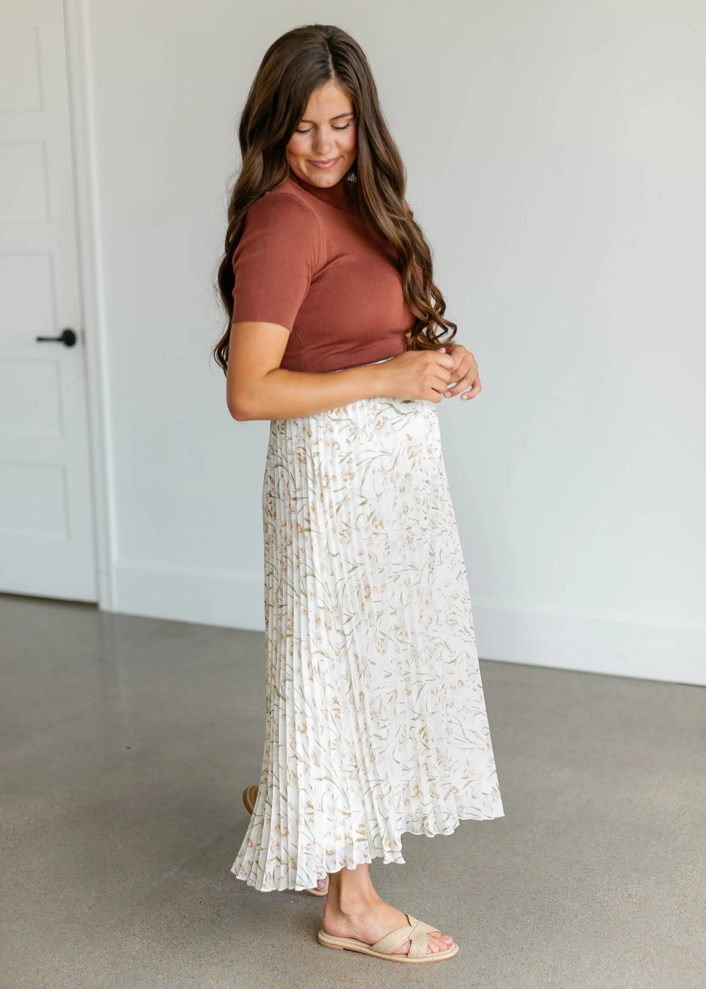 Cream Floral Pleated Maxi Skirt - FINAL SALE