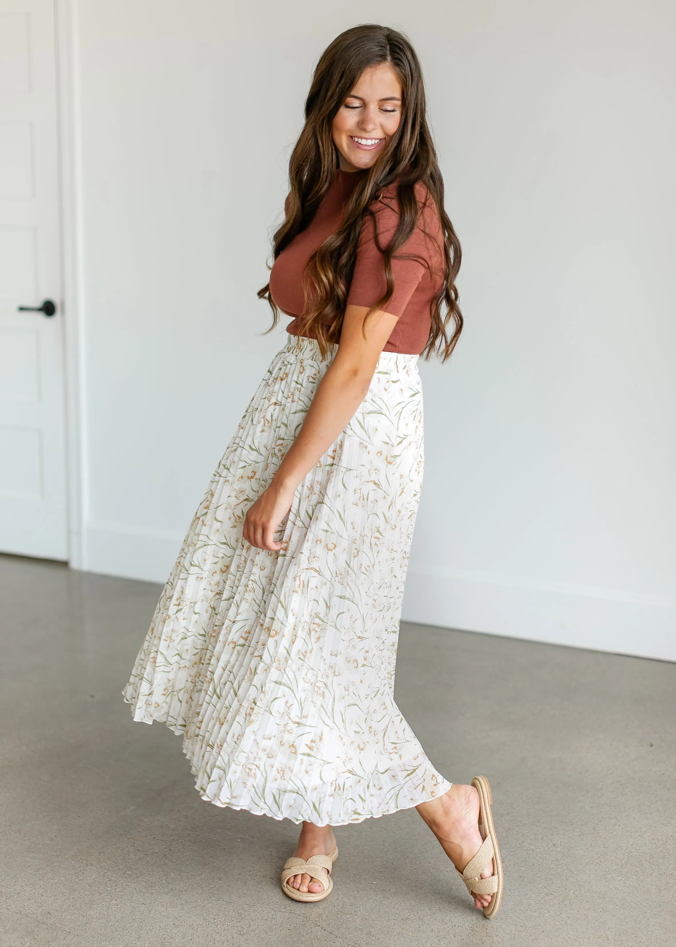 Cream Floral Pleated Maxi Skirt - FINAL SALE