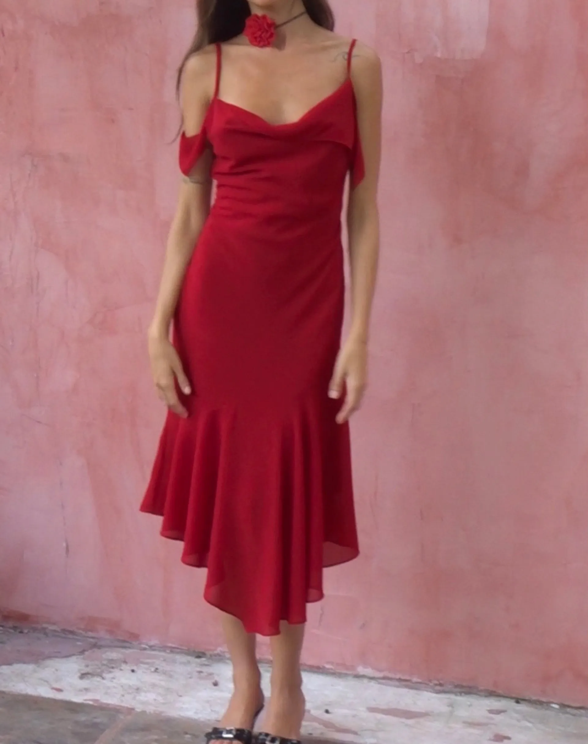 Dansya Midi Chiffon Dress in Red