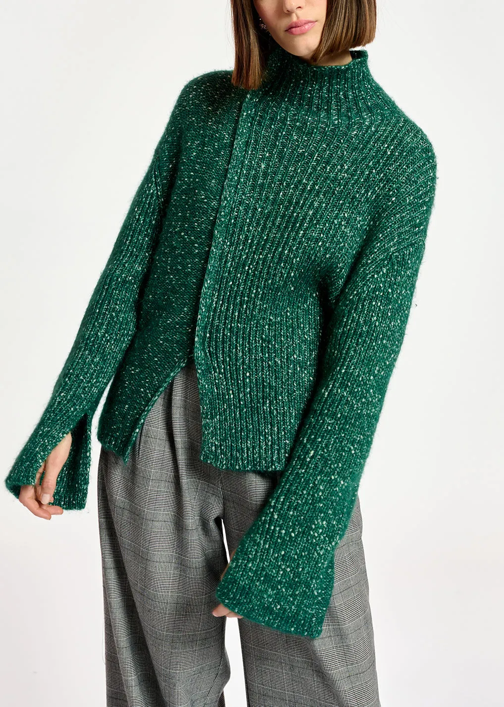 Dark green mélange turtleneck knit sweater