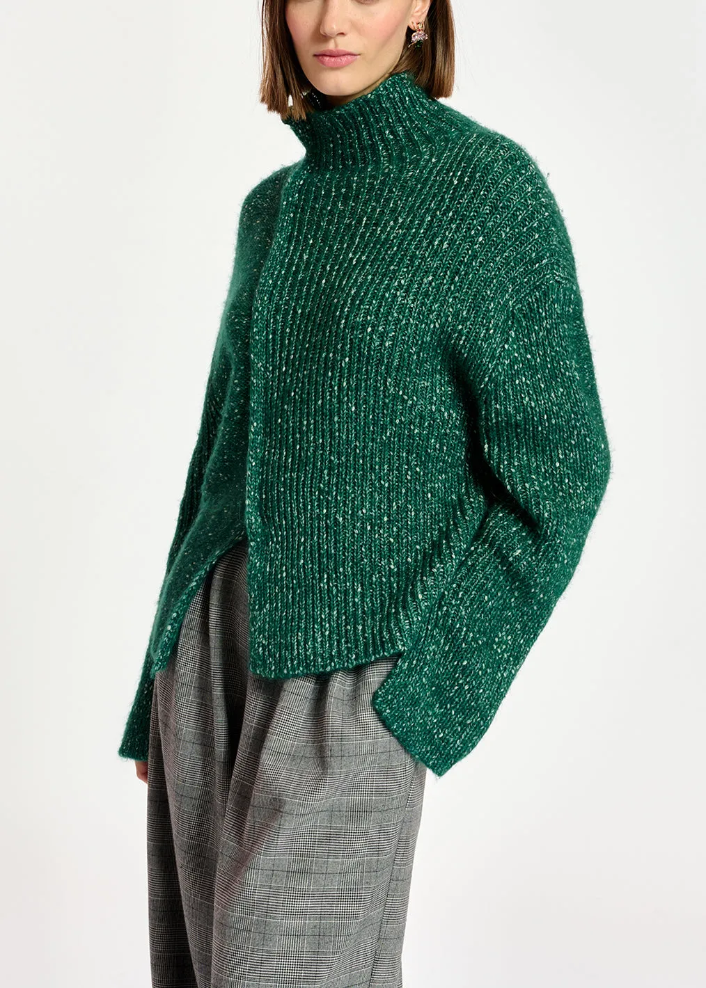 Dark green mélange turtleneck knit sweater