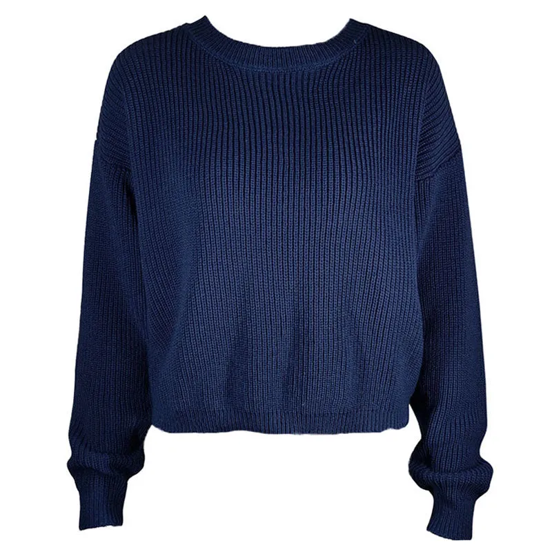 Elegant Navy Blue V Back Crew Neck Long Sleeve Pullover Knit Sweater