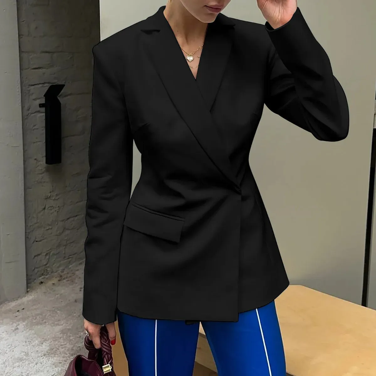 Elegant Women's Backless Black Suit 2024 Fall Chic Long Sleeve Covered Buttons Hollow Out Blazers White Tops Coat Outerwear