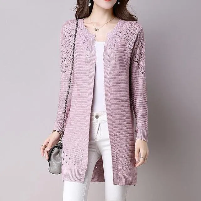 Fall Women Cardigan Solid Color Hollow Out Sweaters Size S-XXL Poncho Full Sleeve Open Stitch Female Knitted Outerwear (US 2-12)