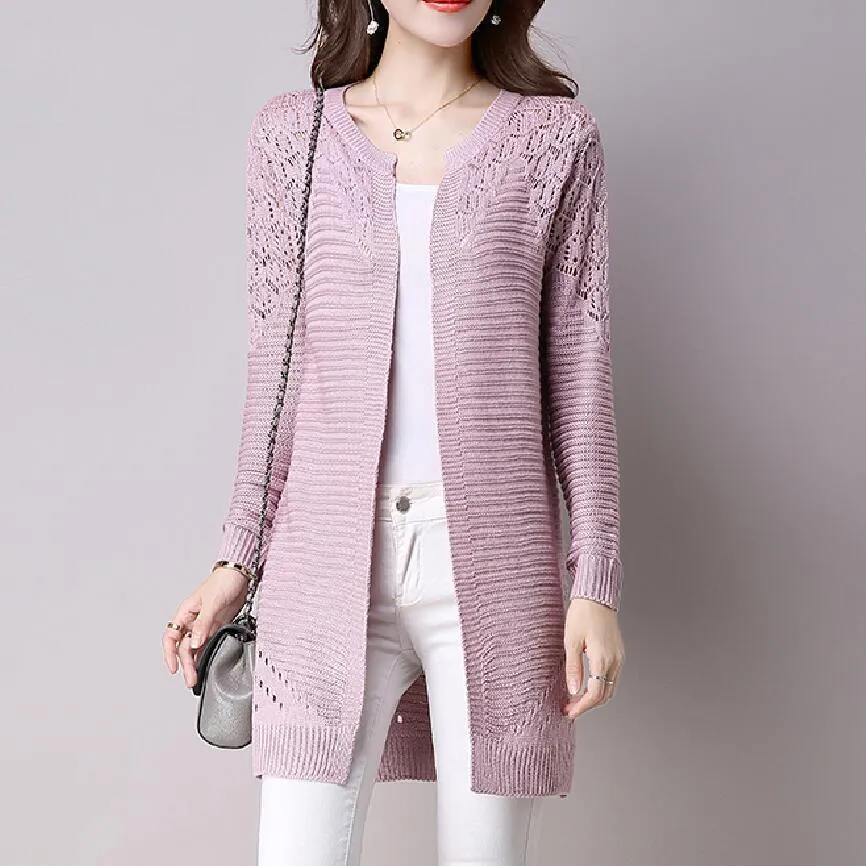 Fall Women Cardigan Solid Color Hollow Out Sweaters Size S-XXL Poncho Full Sleeve Open Stitch Female Knitted Outerwear (US 2-12)