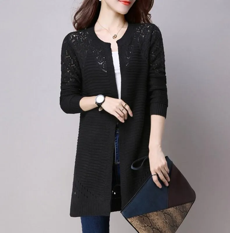 Fall Women Cardigan Solid Color Hollow Out Sweaters Size S-XXL Poncho Full Sleeve Open Stitch Female Knitted Outerwear (US 2-12)