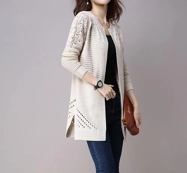 Fall Women Cardigan Solid Color Hollow Out Sweaters Size S-XXL Poncho Full Sleeve Open Stitch Female Knitted Outerwear (US 2-12)