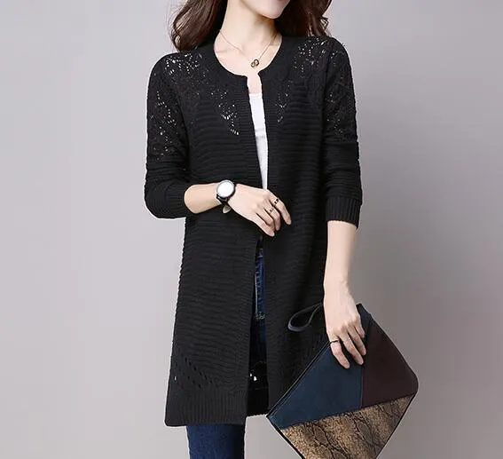 Fall Women Cardigan Solid Color Hollow Out Sweaters Size S-XXL Poncho Full Sleeve Open Stitch Female Knitted Outerwear (US 2-12)