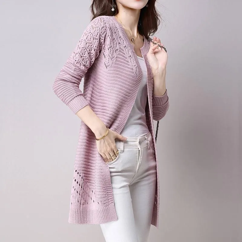 Fall Women Cardigan Solid Color Hollow Out Sweaters Size S-XXL Poncho Full Sleeve Open Stitch Female Knitted Outerwear (US 2-12)